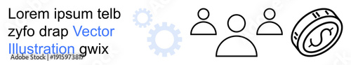 Teamwork, economy, business strategy, financial growth, collaboration, productivity. Three person icons alongside gear and coin symbols. Teamwork and economy concepts for collaborative success