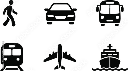 transportation icons set pedestrian car bus train airplane ship vector