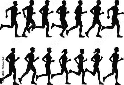Running people silhouettes set with men and women jogging, athletic motion collection, black vector illustration isolated for fitness design