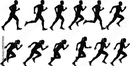 running, silhouettes, men, women, athletes, jogging, sprinting, fitness, sport, motion, exercise, workout, endurance, speed, training, healthy, lifestyle, people, isolated, white