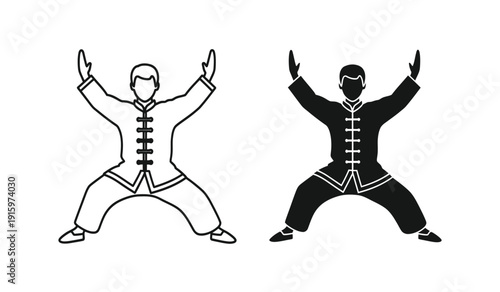 Vector illustration of two martial arts practitioners in dynamic poses with black and white line art styles