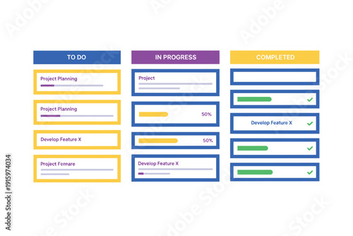 Project Management Kanban Board with To-Do, In-Progress, and Completed Tasks in Modern Minimalist Design with Bright Colorful Cards and Clean Typography for Productivity