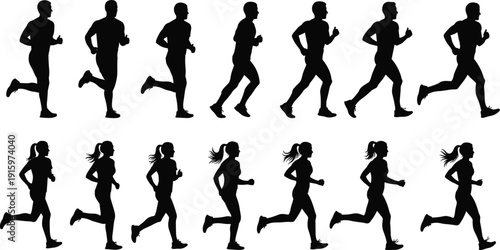 Running,people,silhouette,sequence,jogging,fitness,exercise,motion,athlete,training,sport,healthy,lifestyle,black,white,men,women,action,isolated,illustration