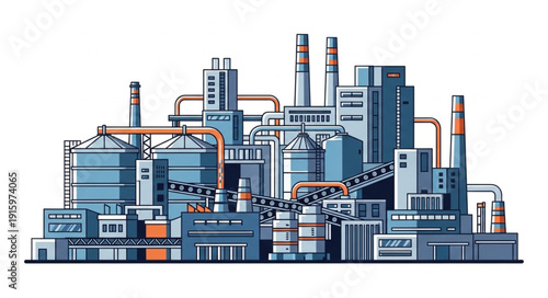 Modern industrial factory complex with multiple buildings and chimneys.