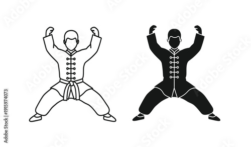 Two martial arts fighters in dynamic poses with fists raised high in air