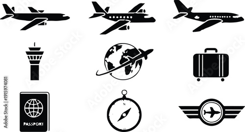 airplane airline insignia pilot wing passport globe compass luggage