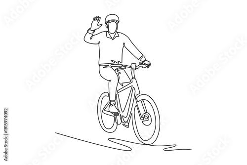 a man sitting on an e-bike, driving and waving. Bike to work concept. Single line draw design. Vector graphic illustration
