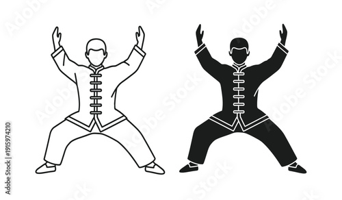 Vector illustration of two people in martial arts poses with contrasting black and white designs
