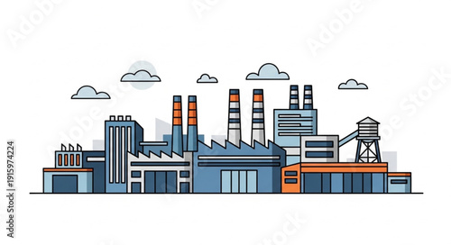 Modern industrial factory complex with multiple buildings and smokestacks.