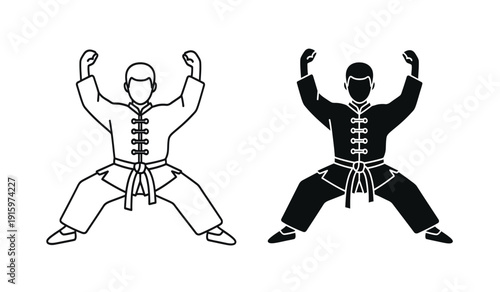 Vector illustration of two martial arts practitioners in different colored uniforms performing a stance