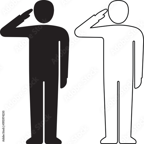 Vector icon set of a standing soldier saluting, depicted in solid silhouette and line art outline styles, symbolizing military respect, army honor, and patriotic duty on a white background.