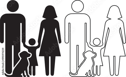 Vector icon set of a happy family with parents, child, and dog, depicted in solid silhouette and line art styles, symbolizing togetherness, home insurance, pet adoption, and household love.