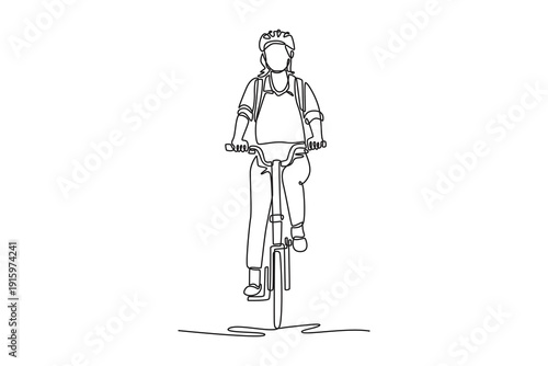 front view smart businesswoman ride bicycle. Bike to work concept. Single line draw design. Vector graphic illustration