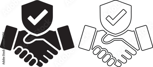 Vector icon set of a handshake with a shield and checkmark, depicted in solid silhouette and line art styles, symbolizing secure agreements, trusted partnerships, and business reliability.