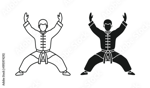 Vector illustration of two martial arts practitioners in dynamic poses with raised arms in black and white