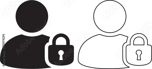 Vector icon illustration of a user profile with a padlock, available in solid and outline styles, symbolizing account security, data privacy, password protection, and secure authentication.