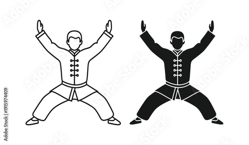 Vector illustration of two people in martial arts poses with raised arms and wide stance