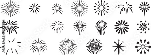burst firework icon set black and white radial vector
