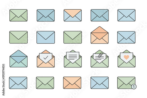 Envelope Icons in Minimalist Style with Pastel Colors and Simple Lines for Digital Communication