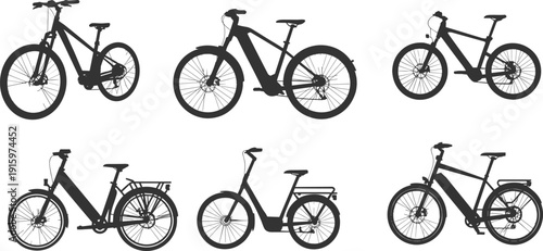 Set of electric bike vector silhouettes, modern e-bikes with various frame designs, battery placement and accessories, black graphic style