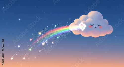 Smiling Cloud with Rainbow and Stars in Blue Sky at Sunset