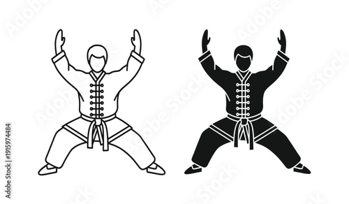 Two martial arts practitioners in dynamic stances with raised hands in black and white