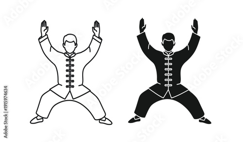 Vector illustration of two martial arts practitioners in dynamic poses with black and white color schemes