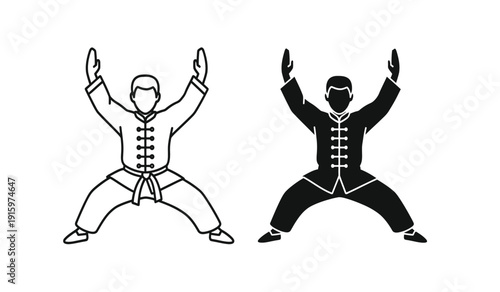 Vector illustration of two martial artists in dynamic poses with raised hands and legs apart