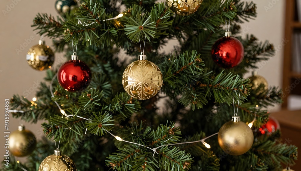 Fototapeta premium Close up of christmas tree with gold and red ornaments and lights