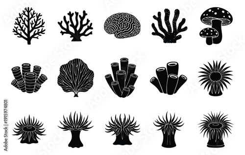 Silhouette nature elements set featuring various corals, sea anemones, and mushrooms for biology and underwater themes