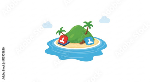 Island getaway with palm trees and laptop on sandy beach vacation