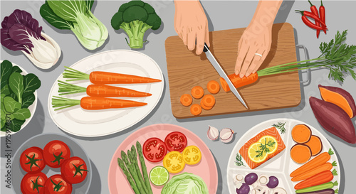 A top-down view of a person slicing carrots on a cutting board surrounded by various fresh vegetables and healthy prepared food.