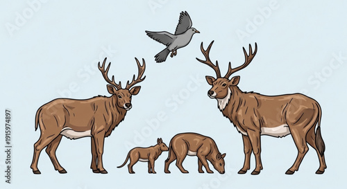 Family of deer with fawn and bird on light blue background