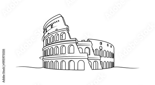 Colosseum Outline Drawing, Ancient Roman Amphitheater Landmark, Minimalist Travel Sketch