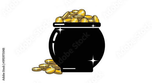 Black pot filled with gold coins and some spilled out on white background