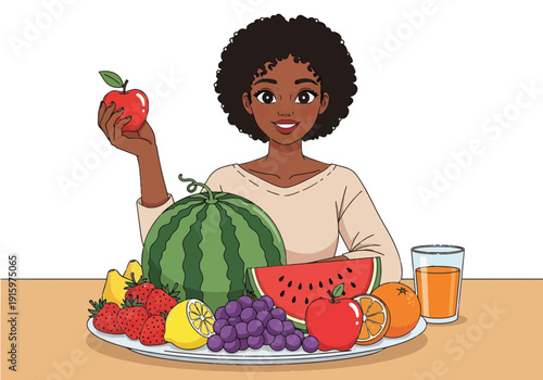 Smiling Black woman holding an apple, with a large plate of fresh fruits including watermelon, strawberries, grapes, and oranges, alongside a glass of juice, promoting healthy eating.