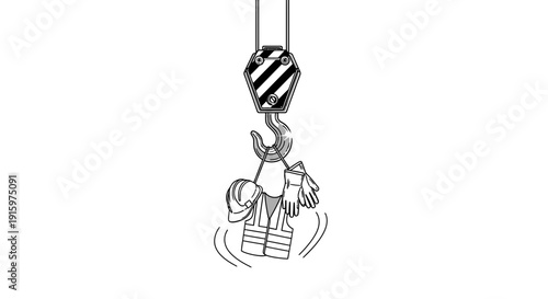 Construction worker's safety gear lifted by crane hook, symbolizing job safety and industry.