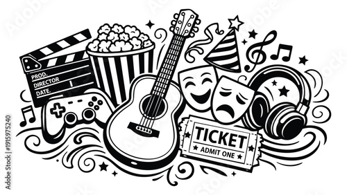 Hand drawn line art media and entertainment set featuring film, music, gaming, and theater elements for leisure activities