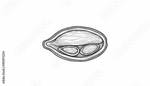 Cross section of a pumpkin seed with seeds inside, isolated on white background, vintage illustration