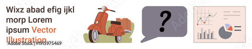 Business analysis, communication, transportation, retro design, decision-making, and data presentation. A scooter, a speech bubble with a question mark and analytics charts. Data presentation
