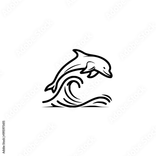 A stylized black and white drawing of a dolphin leaping over a wave with simple line art design style