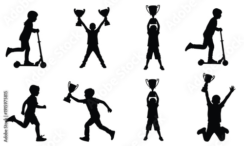Children's silhouettes engaged in various activities like riding scooters and celebrating victories.