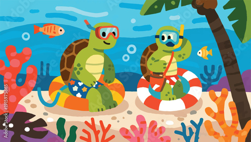 Illustration Of A Sea Turtle Wearing A Beach Shirt And A Sling Bag, Casually Snorkeling On A Coral Reef Vector Design Template
