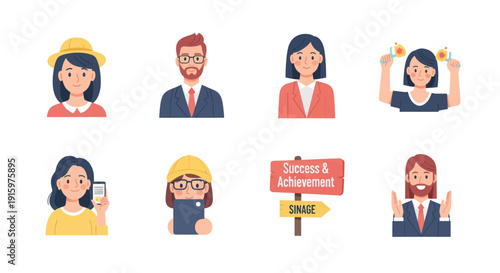 Cartoon business people and success achievement signage collection, happy professionals and signpost illustration for teamwork and motivation