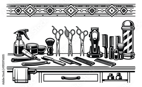 Line art barbershop tools set featuring scissors, razors, combs, and barber pole for professional grooming