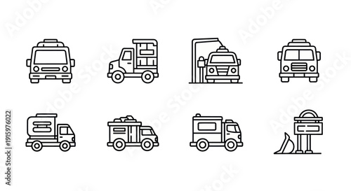 Line icons of various emergency and service vehicles including ambulance, fire truck, rescue truck, and a gas station, perfect for safety and transportation designs