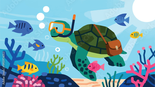 Illustration Of A Sea Turtle Wearing A Sling Bag, Relaxing Snorkeling On A Coral Reef, Colorful Fish Around It Vector Design Template