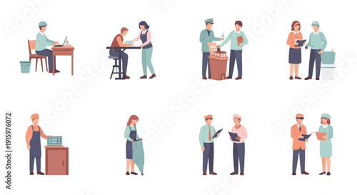 People working in various service and hospitality roles including cleaning, food service, security, and management, ideal for business and service industry projects