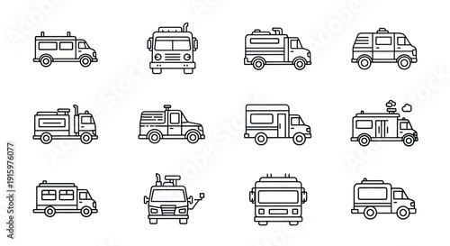 Set of 12 black outline icons of various emergency and service vans and trucks, front and side views, ideal for transport or vehicle design projects