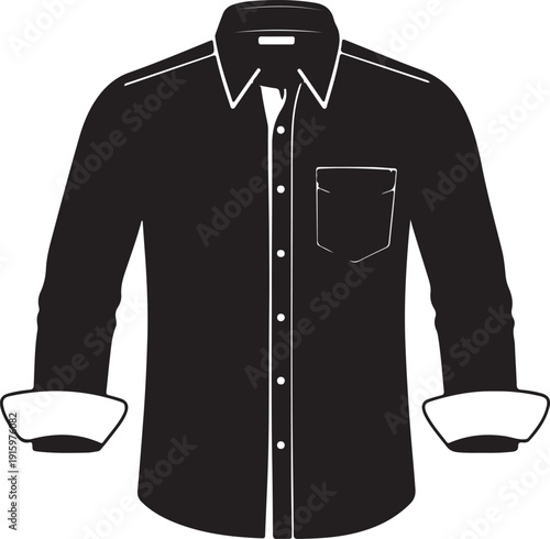 Black button down shirt with white details and pocket black shirt collar